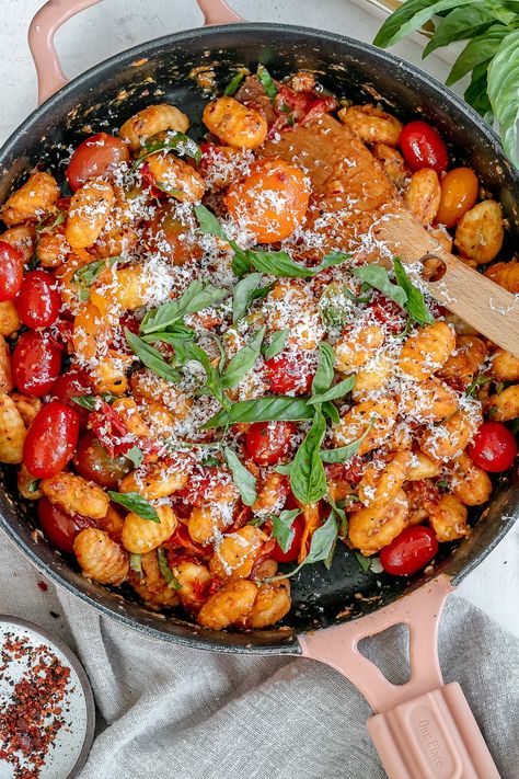 Air Fryer Gnocchi Recipes, Gnocchi Air Fryer, Burst Cherry Tomato Sauce, Air Fryer Gnocchi, Gnocchi Recipes Healthy, Burst Tomatoes, Chicken Sausage Recipes, Gnocchi Dishes, Cherry Tomato Sauce