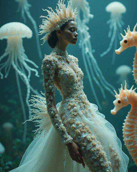 Queen of Seahorses #queenart #queens #seaart #aisea #seahorses #underwaterlife #aiqueen Sea Queen Costume, Seahorse Costume, Rendering Reference, Dragon Doll, Sea Queen, Queen Of, Queen Costume, Queen Art, Fairy Aesthetic