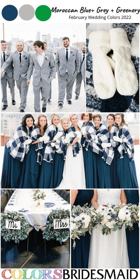 Moroccan Blue, Grey and Greenery February Wedding color inspirations 2022, moroccan blue bridesmaid dresses, grey groom's suit with white and greenery boutonniere, white and greenery bouquets, sweetheart chairs with greenery decoration, white gloves. #winterweddings #colosbm #weddings #weddingideas #bridesmaiddresses February Wedding Colors, January Wedding Colors, Light Blue Wedding Colors, Spring Wedding Outfit, Winter Wedding Color Palette, Blue Winter Wedding, Wedding Colors Red, Winter Bridesmaids, Winter Bridesmaid Dresses