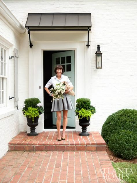 Meg Harrington in front of her front door, painted Wythe Blue by Benjamin Moore. Window Trellis, Canopy Nook, Reading Canopy, Front Door Overhang, Front Door Awning, Front Door Planters, Door Overhang, Curtains Farmhouse, Porch Canopy