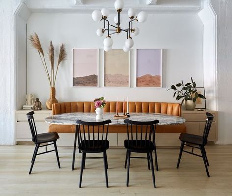 The Insider: New Fireplace, Built-ins Elevate Dumbo Loft | Brownstoner Jordan Sullivan, Dining Room Banquette, Built In Bench Seating, Dining Room Bench Seating, Dining Banquette, Built In Banquette, Pastel Landscape, Banquette Seating, Kitchen Nook