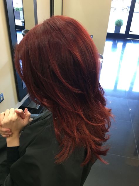 Roots: 7rr max (gold well) Ends: 6.54 chromative (loreal) - 23/02/2016 Red Hair Roots, Wolfcut Red Hair, Red Ends Hair, Red Hair With Layers, Red Hair Ends, Red Layered Hair, Haircut Red Hair, Red Gold Hair, Red And Gold Hair