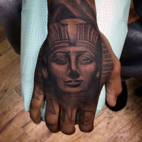 Egyptian Neck Tattoo Men, African Hand Tattoos, Pharoah Tattoo For Men, King Tut Tattoo Design, 3d2y Tattoo, Egyptian Hand Tattoo, King Tut Tattoo, Pharaoh Tattoo, Fist Tattoo