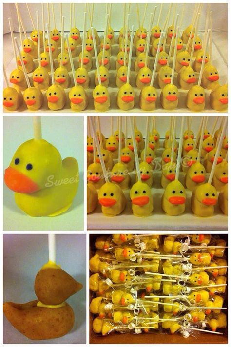 Rubber Duckie Cake Pops Duck Cake Pops, Creative Deserts, Rubber Duck Cake, Rubber Ducky Cake, Rubber Ducky Party, Duck Ideas, Rubber Ducky Birthday, Diy Cake Pops, Duck Party