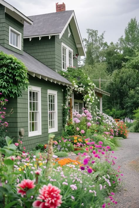 Flowers On House Exterior, Landscape For Green Color House, Green Home Exterior Colors, Cottagecore Exterior House, Home Exterior Inspiration, Character Flower House Vibe, Green Cottage House, House Paint Colors Exterior Ideas, Light Green House Exterior