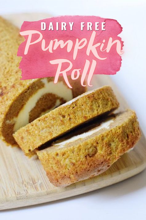 Dairy Free Pumpkin Roll Dairy Free Pumpkin Roll, Pumpkin Spice Roll, Gluten Free Pumpkin Roll, Pumpkin Roll Recipe, Fall Desserts Pumpkin, Pumpkin Rolls Recipe, Dairy Free Recipes Dessert, Dairy Free Baking, Dairy Free Pumpkin