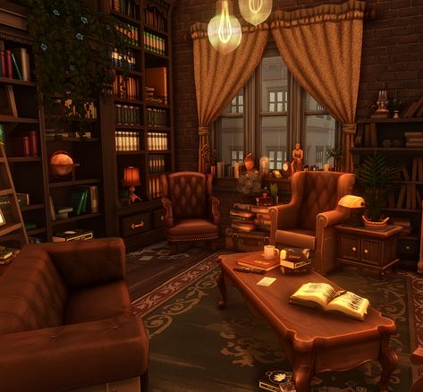 Sims 4 Old House Interior, Sims 4 Home Library, Autumn House Sims 4, Sims 4 Ranch Interior, Sims Mansion Interior, Sims 4 Victorian Living Room, Sims 4 Victorian House Interior, Sims 4 Library Ideas, Sims Home Decor