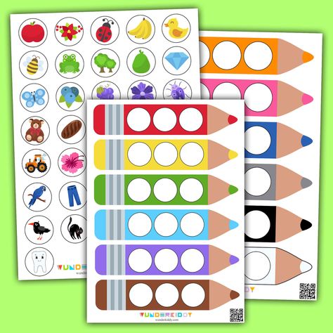 Educational color sort game is meant to help children learn colors, group objects into groups according to the common feature and develop kids attention and color perception. The task is to sort items by color. Print out the Velcro game for children ages 2 and up, then cut out all the round cards. Then ask your child to choose a card, name what is on it, and find a crayon of the same color. At the end of the game, check the result. The color of all three items placed on the crayon must have t... Velcro Activities, Round Cards, Printable Math Games, Color Sorting Activities, Sorting Colors, Color Perception, Activity For Toddlers, Pattern Activities, Sorting Games