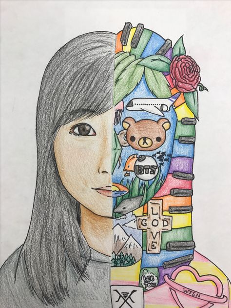 Self portrait with a twist Grade 5 Self Portraits, Art Class Drawing Ideas Middle School, Self Portrait Artwork, Self Portrait Prompts, Split Face Self Portrait, Self Portrait Ideas Art, Self Portrait Art Lesson, Symbolic Self Portrait, Self Portrait Ideas Drawing