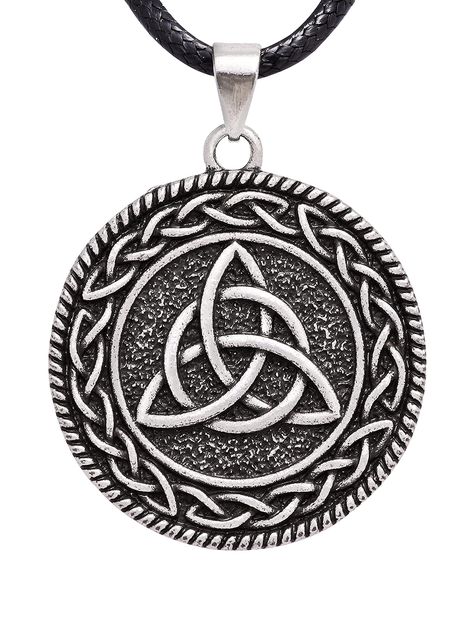 PRICES MAY VARY. CELTIC TRIQUETRA NECKLACE: This necklace features the Trinity Knot which are complete loops that have no start or finish, representing eternal love, longevity, and the continuous cycle of life GREAT QUALITY: Meticulously crafted from top-grade zinc alloy with an antique silver finish, the Triquetra pendant does not tarnish or corrode easily over the years SPECIFICATIONS: Pendant measures about 1.3" (32 mm) in diameter, includes 19.7" (50 cm) braided faux leather cord with 2" (5 Triquetra Necklace, Triquetra Pendant, Celtic Triquetra, Celtic Trinity Knot, Beautiful Symbols, Trinity Knot, Unique Valentines, Celtic Jewelry, Celtic Knot