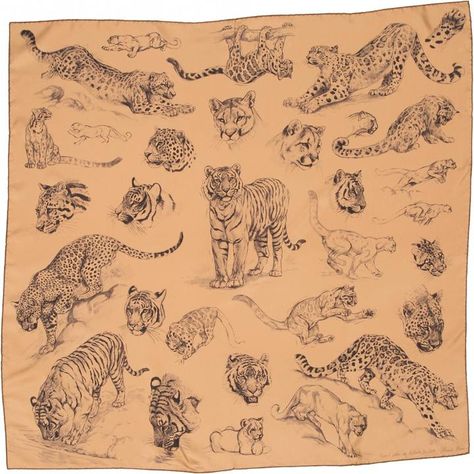 Carré silk neckerchief Robert Dallet, Big Cat Tattoo, Tiger Illustration, Hermes Silk, Big Cats Art, Tiger Art, Tiger Tattoo, Animal Sketches, Piercing Tattoo