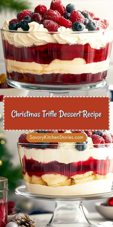 Searching for a crowd-pleasing dessert for your holiday gatherings? Our Christmas Trifle Dessert Recipe offers layers of joy in every bite, perfect for Christmas Desserts lovers. Save this recipe for an easy and elegant treat that everyone will enjoy! Christmas Dessert Trifle Easy Recipes, Trifle Desserts With Jello, English Trifle Desserts, Holiday Layered Desserts, How To Make Trifle Desserts, Dessert Trifles Christmas, Trifle Dessert Recipes Easy, Easy Fruit Trifle, Classic Trifle Recipes