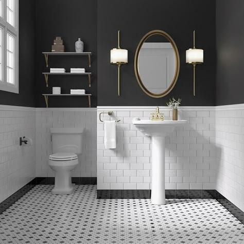 Black and white remains a timeless, elegant color scheme for a bathroom. The mix of white subway tiles on the wall with the black and white penny floor tiles are classic choices for bathrooms old and new. Creative Bathroom Storage Ideas, Makeover Kamar Mandi, Black White Bathrooms, White Bathroom Designs, Painting Walls, Bilik Air, Bad Inspiration, Black And White Tiles, 아파트 인테리어