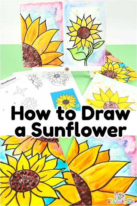 How To Draw A Sunflower Step By Step, Sunflower Art Drawing, Sunflower Art For Kids, Easy Sunflower Drawing, Paint A Sunflower, Draw A Sunflower, Sunflower Art Project, Sunflower Tutorial, Petal Template