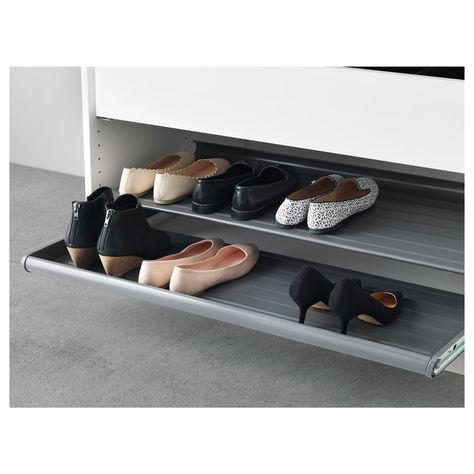 IKEA KOMPLEMENT pull-out shoe shelf Solid bottom prevents any dirt from falling outside the shelf. Shoe Storage Pull Out, Ikea Komplement, Shoe Drawer, Trouser Hangers, Ikea Closet, Ikea Catalog, Pax Wardrobe, Shoe Shelves, Hal Decor