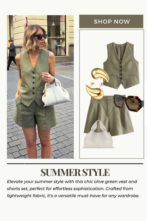 Elevate your summer wardrobe with this chic olive green vest and shorts set, perfect for a sophisticated yet casual look. Crafted from lightweight fabric, this versatile outfit pairs seamlessly with any accessory, making it a must-have for effortless style. #ootd #classy #summeroutfit Ootd Classy, Olive Green Outfit, Olive Green Vest, Green Vest, Versatile Outfits, Green Outfit, Summer Fashion Outfits, Shorts Set, Summer Wardrobe