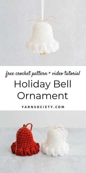 Holiday Bell features a classic bell shape, adorned with a delicate ruffled border. Right and left hand full video crochet along available as well as free written crochet pattern. Christmas Bell Crochet Pattern, Bell Crochet Pattern Free, Free Crochet Christmas Bell Patterns, Crochet Christmas Bells Free Patterns, Things To Crochet Christmas, Crochet Bell Ornament, Crochet Bell Ornament Free Pattern, Free Ornament Crochet Patterns, Crochet Christmas Bell Ornaments