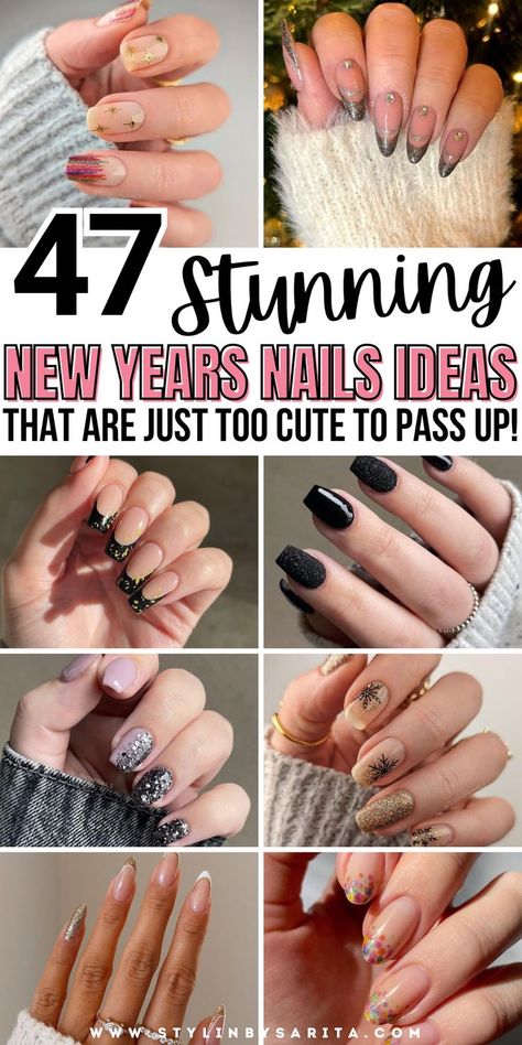 new years nails Bilder Gel Nail Art, Cute Christmas And New Years Nails, New Years Eve Gel Nail Designs, Best New Years Nails, Simple Formal Nail Designs, New Years Nail Short, Cute Short New Years Nails, Raised Design Nails, Nail Ideas For New Years 2024