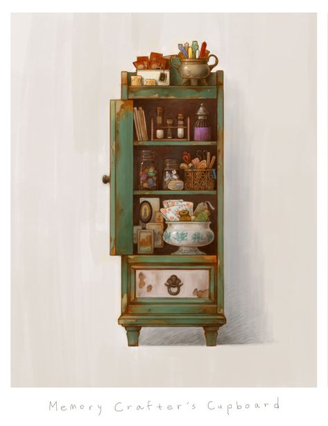 Cupboard Illustration, Drawer Drawing, Stenciled Doors, The Art Showcase, Fantasy Shop, Fantasy Furniture, Environment Props, Props Concept, Art Showcase