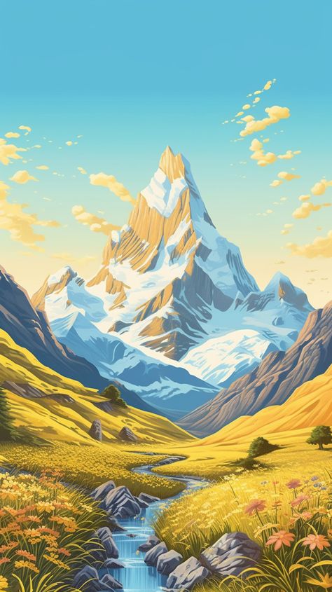 Mountain Artwork Illustration, Simple Mountain Landscape Painting, Simple Mountain Scenery Painting, Mountain Illustration Art, Mountains Illustration Art, Wander Illustration, Mountain Valley Painting, Valley Illustration, Cartoon Mountains