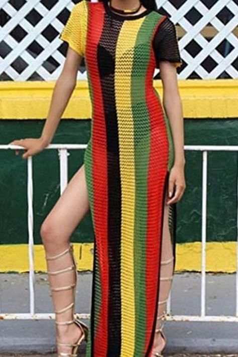 Rasta Reggae Long Sleeve Fishnet Dress Rasta Dress, Beach Outfits Women, Fishnet Outfit, Top Spring Outfits, Pool Club, Rasta Clothes, Beach Coverups, Crochet Top Outfit, Fishnet Dress