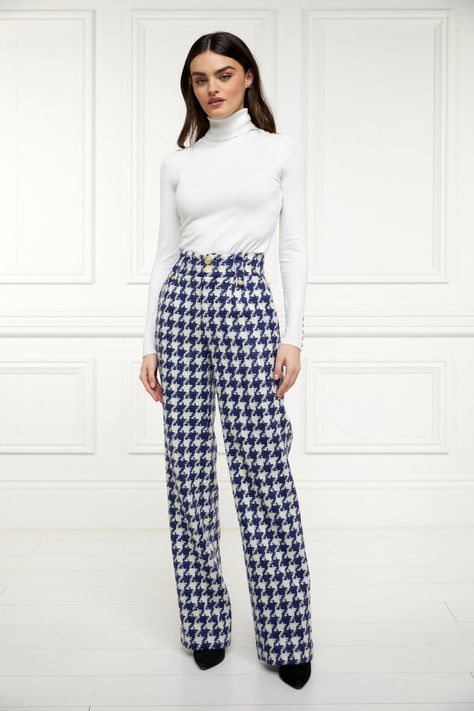 Holland Cooper | High Waisted Large Scale Navy Houndstooth Wool Straight Trouser | Autumn • Winter Fashion Side Stripe Trousers, Holland Cooper, Smart And Casual, Deep Winter, Straight Trousers, Straight Leg Trousers, Side Stripe, Wide Waistband, Autumn Winter Fashion