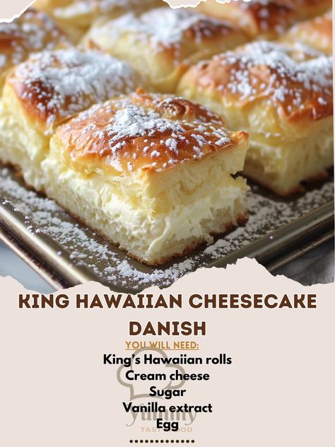 🍰🥥 Try our irresistible King Hawaiian Cheesecake Danish! Perfect for a sweet treat! 🌺 #CheesecakeDanish #DessertDelight King Hawaiian Cheesecake Danish Ingredients: King’s Hawaiian rolls (12) Cream cheese (8 oz, softened) Sugar (0.5 cup) Vanilla extract (1 tsp) Egg (1, beaten) Powdered sugar (for dusting) Instructions: Preheat oven to 350°F (175°C). Slice rolls in half and place on a baking sheet. Mix cream cheese, sugar, and vanilla until smooth. Spread mixture on bottom half of each rol... Hawaiian Cream Cheese Rolls, Cottage Cheese Hawaiian Rolls, Cream Cheese Hawaiian Rolls, Kings Hawaiian Cheesecake Danish, Hawaiian Roll Dessert Recipes, Kings Hawaiian Rolls Recipe Ideas, Hawaiian Cheesecake Danish, Cheesecake Danish, Hawaiian Dessert Recipes