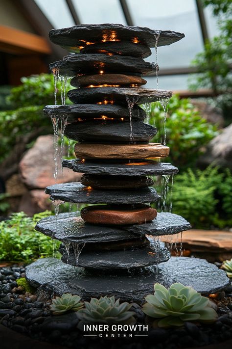 A tall, illuminated fountain made of stacked flat stones with water cascading down, surrounded by succulents and pebbles. Zen Water Features, Small Fountain Ideas Indoor, Mindfulness Room, African Spa, Pond Inspiration, Water Feature Ideas, Small Garden Waterfalls, Healing Place, Burn Wood