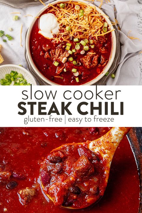 This slow cooker steak chili is a hearty and flavorful dish that combines the rich taste of beef steak with a savory and spicy chili base. If you like a chunky chili, this hearty steak chili is for you. It has bite-sized pieces of tender steak and chunky crushed tomatoes for robust flavor and texture in every bite. Better yet, it's chock full of protein and fiber to keep you plenty full. Slow Cooker Steak Chili, Chili Easy Recipe, Chili Base, Chunky Chili, Chili Easy, Steak Chili, Slow Cooker Steak, Crockpot Steak, Tender Steak