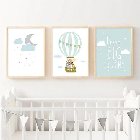 Blue Canvas Art, Dream Big Little One, Balloon Painting, Moon Nursery, Baby Boy Room Nursery, Nordic Scandinavian, Nursery Poster, Name Print, Balloon Wall