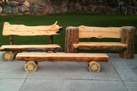 Log benches made with a portable sawmill Orange Bench, Modern Wooden Furniture, Log Bench, Rustic Log Furniture, Rustic Wooden Bench, Cabin Furniture, Log Furniture, Traditional Rustic, Natural Edge