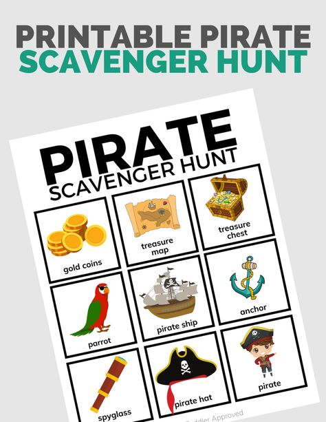 Treasure Hunt For Preschoolers, Pirate Theme Games, Pirate Day Activities For Kids, Pirate Camp Ideas, Pirate Activity For Kids, Pirate Scavenger Hunt For Kids, Pirates Activities For Toddlers, Pirate Themed Activities For Kids, Pirate Camp Activities