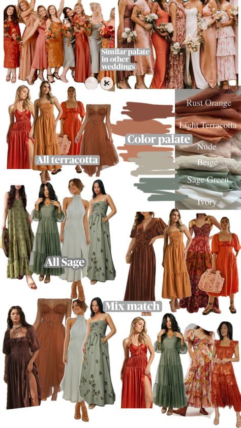 Earth Colour Outfit, Warm Colors Bridesmaid Dresses, Muted Fall Bridesmaid Dresses, Soft Autumn Wedding Dress, Bridesmaids Dresses Mismatched Fall, Fall Mix Match Bridesmaid Dresses, Mixed Length Bridesmaid Dresses, Earth Tone Theme Party, Fall Multicolored Bridesmaid Dresses