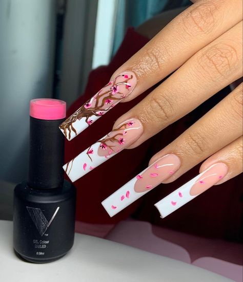 Blossom Nails, Cherry Blossom Nails, Sheer Nails, Beachy Nails, Asian Nails, Hippie Nails, Vibrant Nails, French Acrylic Nails, Short Square Acrylic Nails