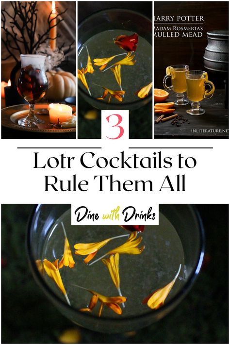 Collage of 4 lotr cocktails. Hobbit Themed Cocktails, Lotr Inspired Drinks, Lord Of The Rings Themed Drinks, Lord Of The Rings Drinks Recipes, Hobbit Themed Drinks, Middle Earth Themed Party, Lotr Themed Drinks, Lord Of The Rings Themed Cocktails, Lord Of The Rings Cocktail