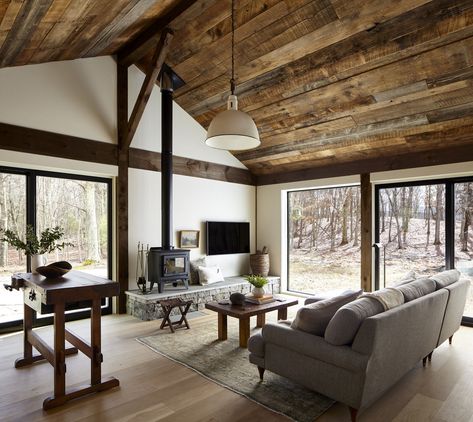 Farm Cabin, Cabin Renovation, Light Hardwood, Light Hardwood Floors, White Light Fixture, Off Grid Cabin, Shutters Exterior, Interior Define, Wood Cover