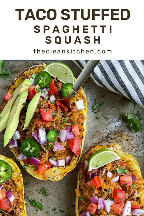 Taco stuffed spaghetti squash boats on a baking sheet with parchment paper Taco Stuffed Spaghetti Squash, Spaghetti Squash Patty, Mexican Stuffed Spaghetti Squash, Healthy Stuffed Spaghetti Squash, Spaghetti Squash Recipes Taco, Taco Spaghetti Squash Recipes, Spaghetti Squash Hamburger Recipes, Clean Eating Spaghetti Squash, Spaghetti Squash Burrito Bowl