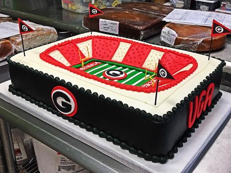 Georgia Football Stadium Grooms Cake - Adrienne & Co. Bakery Georgia Cake Bulldogs, Georgia Bulldogs Birthday Cake, Georgia Football Party, Georgia Bulldog Cake Ideas, Uga Birthday Cakes, Ga Bulldog Cake, Stadium Cake Football, Grooms Cake Football, Georgia Grooms Cake