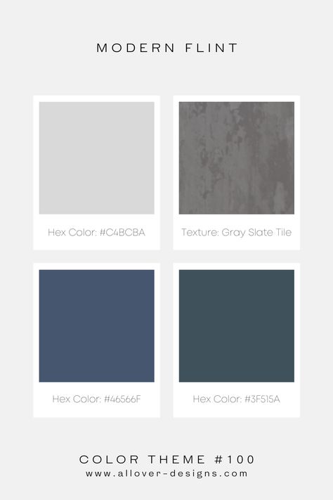 Introducing the Modern Flint color palette for homes! Color 1: C4BCBA Color 2: Gray Slate Tile Color 3: 46566F Color 4: 3F515A In the world of modern home styling, it's not all just about the colors - texture matters too! That's why i looove pairing these grays and blues with a slate tile. #moderncolor #moderndesign #colortheme #homecolors #colorpalettes #graycolors Gray Slate Tile, Grey Slate Tile, Color Palette For Home, Gray Color Palette, Bright Color Schemes, Tile Color, Office Carpet, Slate Flooring, Grey Color Palette