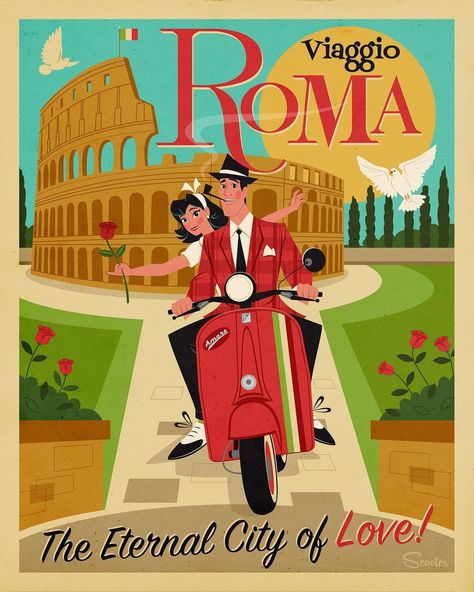 Art of Scooter on Instagram: ““Viaggo Roma” is the newest piece in my Johnny and June Atomic vintage travel poster series. All the locations so far have been your…” Modern Travel Poster, Rome Poster, Johnny And June, Mid Century Illustration, Poster Series, 11x14 Print, Illusion Art, Military Family, Fashion Poster