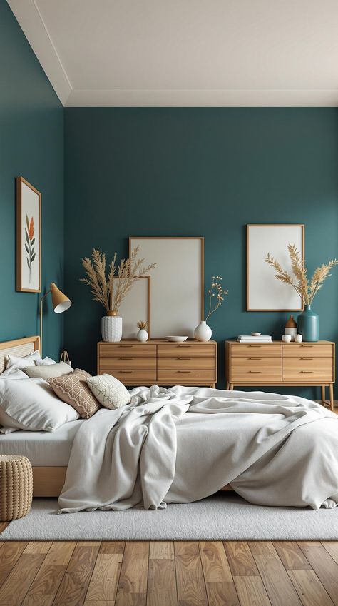 Dark Teal Bedroom Calm Spare Bedroom, Earthy Teal Bedroom, Teal And Wood Bedroom, Teal And Cream Bedroom, Bedroom Teal Walls, Aegean Teal Bedroom, Teal Guest Room, Teal And Green Bedroom, Dark Teal Bedroom Colour Schemes