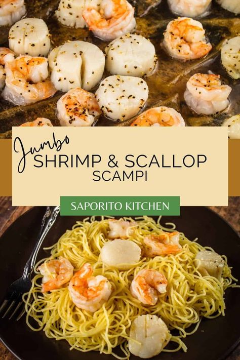 This delicious scampi dinner can be made in just 20 minutes and is perfect for a quick weeknight dinner idea. Fresh jumbo scallops and shrimp are roasted in the oven and tossed with delicate angel hair pasta with a garlicky lemon butter sauce. Shrimp And Scallop Scampi, Scallop Scampi Recipe, Seafood Scampi, Scallop Scampi, Shrimp And Scallop Recipes, Jumbo Shrimp Recipes, Scallop Pasta, Shrimp Scallops, Seafood Entrees