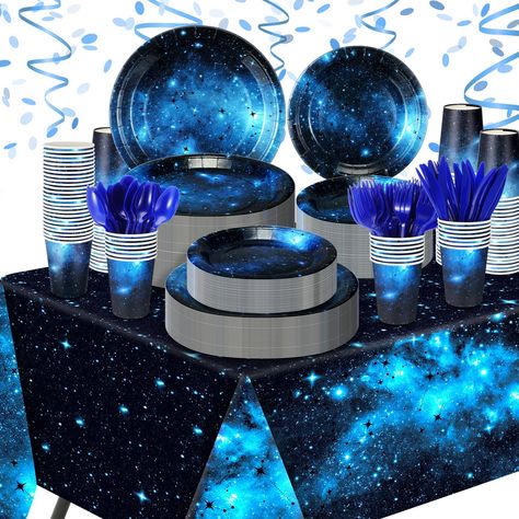 PRICES MAY VARY. Complete Galaxy Party Kit: this kit includes 25 pcs of 9 oz dark blue paper cups, 24 pcs each of 9 and 7 inch paper plates, 2 pcs of large tablecloths (about 4.5 x 9 ft/ 137 x 274 cm), along with 24 pieces each of disposable dark blue cutlery; Get everything you need to plan the space themed celebration in one package, saving you time and effort on decoration Elegant Dark Blue Galaxy Theme: surprise guests with these galaxy party supplies, adding a touch of elegance and intrigue Spaced Themed Party, Galaxy Party Decorations, Blue Cutlery, Car Birthday Party Decorations, Homecoming Themes, Happy Birthday Icons, Cars Birthday Party Decorations, Galaxy Party, Disposable Tablecloth