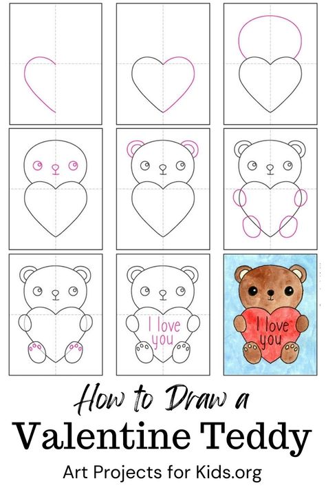 Learn how to draw a Valentine Teddy with an easy step-by-step PDF tutorial. #howtodraw #tutorial #drawing #drawingtutorial #arttutorial #artprojectsforkids #howtodrawforkids #valentine #teddybear #valentinecard How To Draw Valentines Doodles, Valentine’s Day Directed Drawing, Valentines Directed Drawing For Kids, How To Draw Valentines Day Step By Step, Step By Step Valentine Painting, How To Draw Valentines, Valentine Drawings Easy, Valentine Directed Drawing, Valentine’s Day Drawings Easy