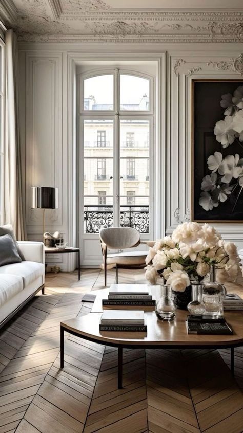 Parisian Apartment Aesthetic Loft, Parisian Style Apartment Small Spaces, Paris Small Apartment, Parisian Modern Interior Design, Paris Appartement Aesthetic, Parisian Living Room Aesthetic, Paris Interior Design Parisian Apartment, Parisian Aesthetic Apartment, Paris Home Aesthetic