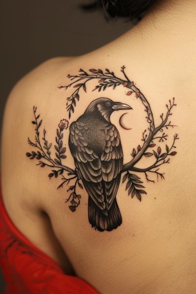 Witchy Thigh Tattoos Women, Gothic Nature Tattoo, Viking Crow Tattoo, Witchy Underboob Tattoo, Raven Shoulder Tattoo, Crow Tattoos For Women, Dark Gothic Tattoo, Cherry Tree Tattoos, Crow Tattoos