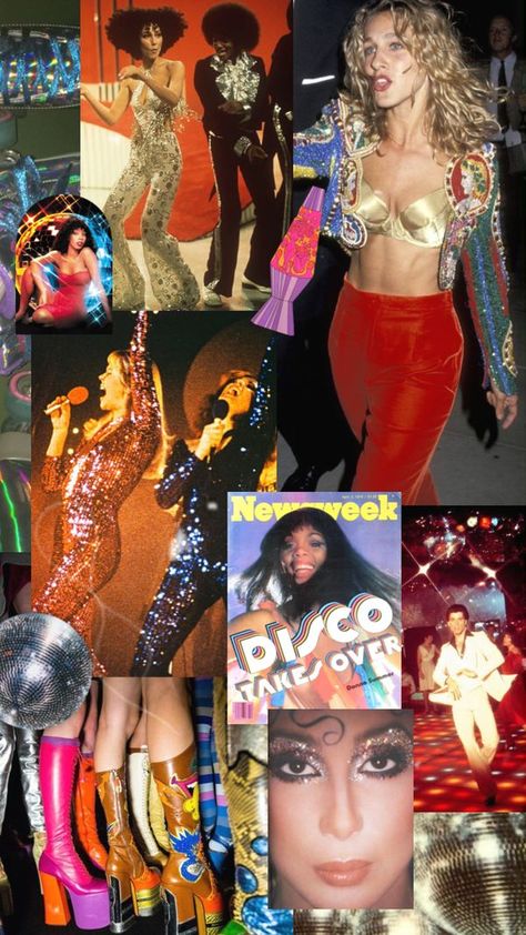 Check out slayinkaylyn's Shuffles #disco #70s #retroaesthetic #groovy #moodbord 70s Night Outfit Party, 70s Fashion Disco Dress, Extravagant Party Outfit, Space Disco Party Outfit, 70s Glitter Fashion, Discocore Outfits, 70s Dinner Party Fashion, 60s Disco Aesthetic, Disco Era Aesthetic