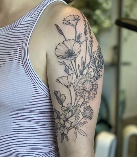 Flower Tattoo Designs Half Sleeve, Types Of Floral Tattoos, Lily And Wildflower Tattoo, Quarter Sleeve Flower Tattoo, Fine Line Floral Tattoo Upper Arm, What Goes With Flower Tattoos, Large Wildflower Tattoo, Old Fashion Flower Tattoo, Vintage Flower Tattoo Sleeve