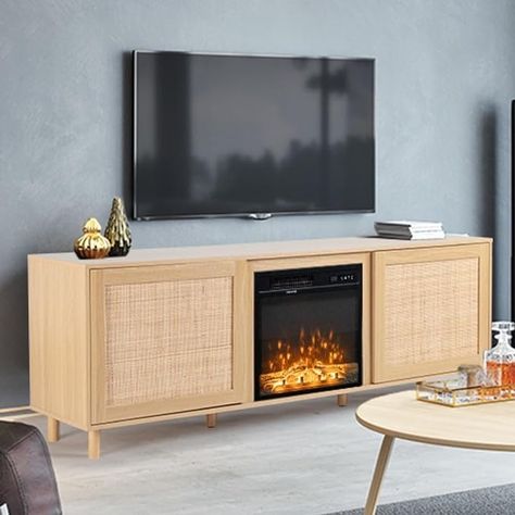 Amazon.com: VINGLI Fireplace TV Stand for TVs Up to 75 inch, Rattan TV Stand with Electric Fireplace, Boho Modern Entertainment Center with Rattan Cabinet Doors for Living Room (69.7" x 23.6" x 13.8‘’) : Home & Kitchen Rattan Cabinet Doors, Doors For Living Room, Rattan Tv Stand, Tv Stand With Electric Fireplace, Handleless Cabinets, Rattan Cabinet, Fireplace Entertainment Center, Modern Entertainment Center, Fireplace Entertainment