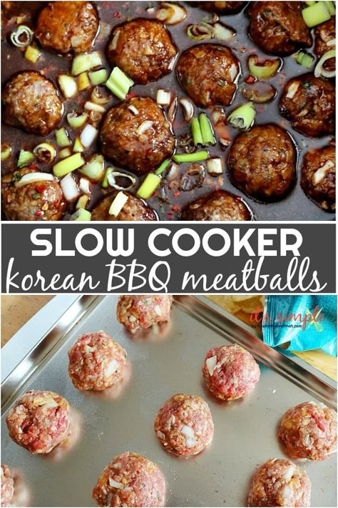 Slow Cooker Korean BBQ Meatballs , one of those easy set it and forget it recipes that will feed a crowd and keeo you out of the kitchen on game day. #gamedayrecipes #meatballs #meatballrecipes #slowcooker #slowcookerrecipes #easyrecipes #feedacrowd #koreanbbq #koreanrecipes #beefrecipes #crockpot #instantpotrecipes Slow Cooker Korean Meatballs, Korean Bbq Meatballs Crock Pot, Slow Cooker Asian Meatballs, Korean Meatballs Crockpot, Crockpot Korean Bbq, Asian Meatballs Crockpot, Slow Cooker Korean Bbq, Korean Meatballs Recipes, Korean Bbq Meatballs